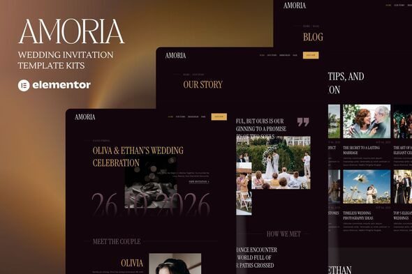 Amoria – Dark Luxury Wedding Invitation Website Elementor Template Kits