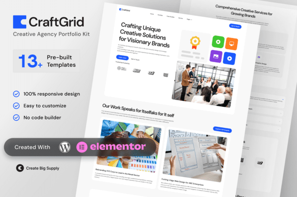 CraftGrid Creative Agency Portfolio Elementor Template Kit for Studios, Designers, Branding Agencies