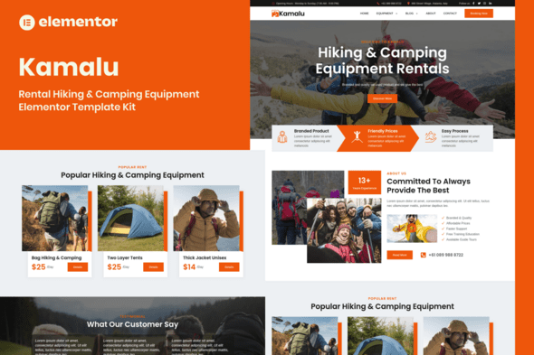 Kamalu – Rental Hiking & Camping Equipment Elementor Pro Template Kit