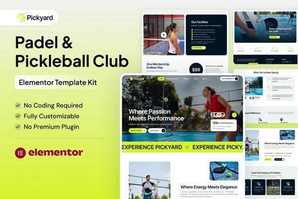 Pickyard – Padel & Pickleball Club Elementor Template Kits