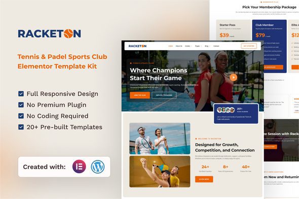 Racketon – Tennis & Padel Sports Club Elementor Template Kit