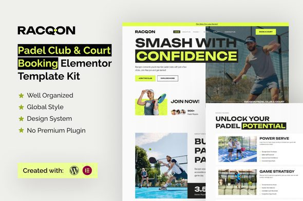 Racqon – Padel Club & Court Booking Elementor Template Kit