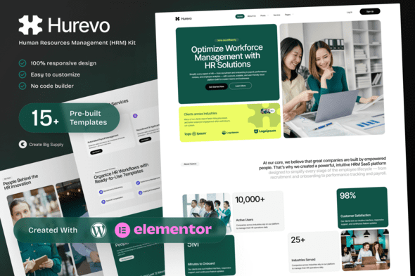 Hurevo – Human Resources Management SaaS Elementor Template Kit for HR Platforms